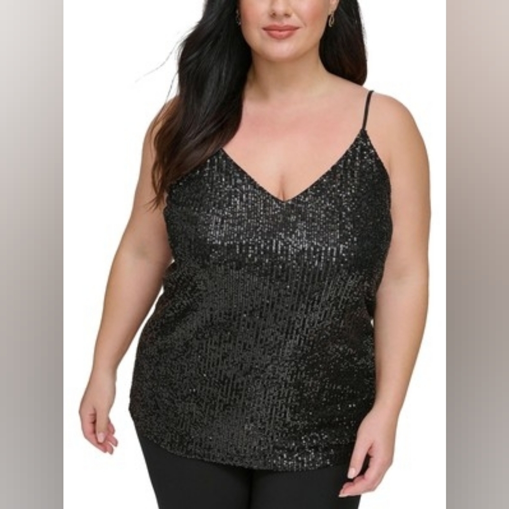 Calvin Klein Black Sequin Blouse V Neck Plus Size 1X NEW